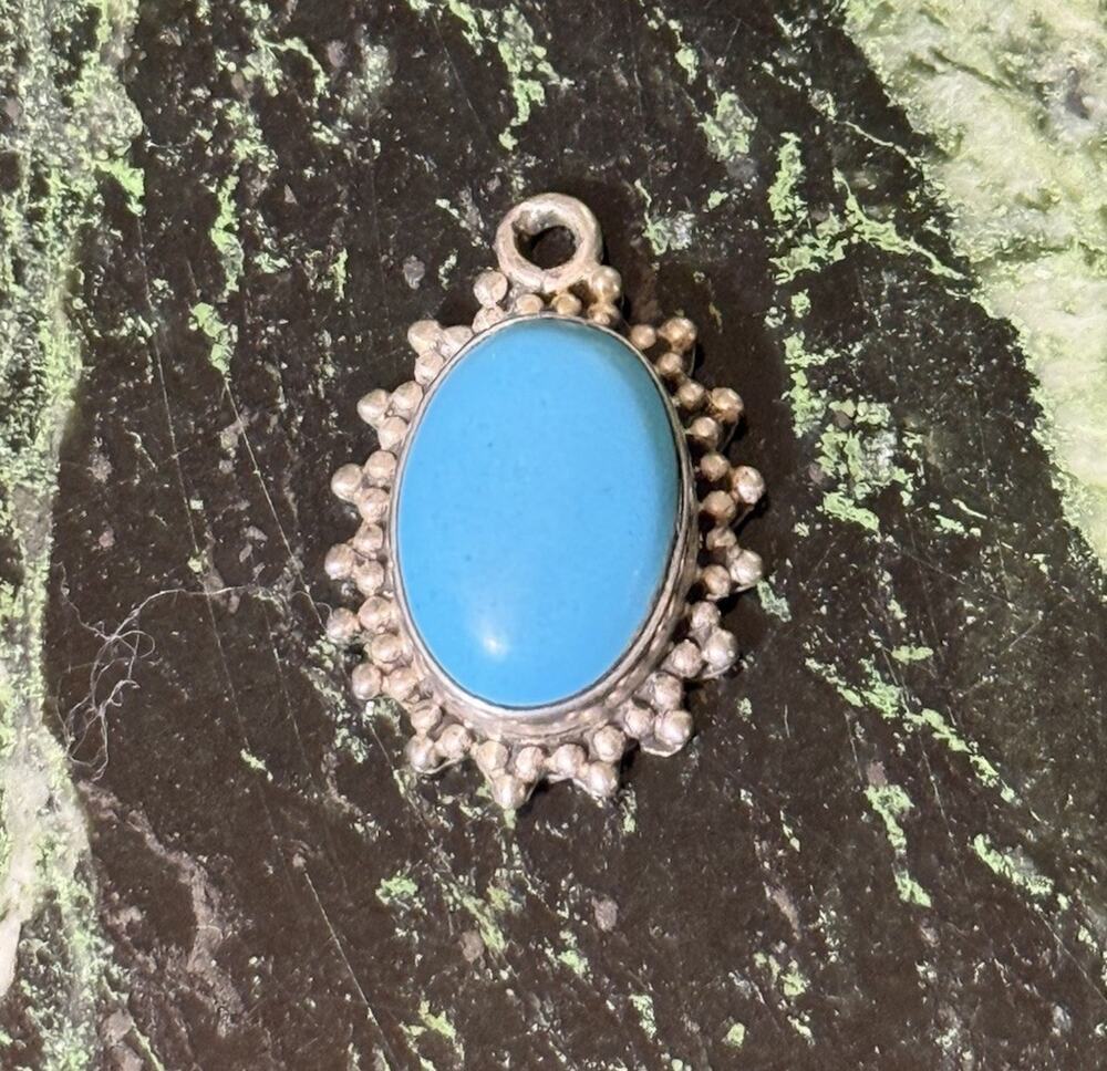Oval Turquoise Pendant Charm Stamped Silver Scalloped Frame Approx 1 inch